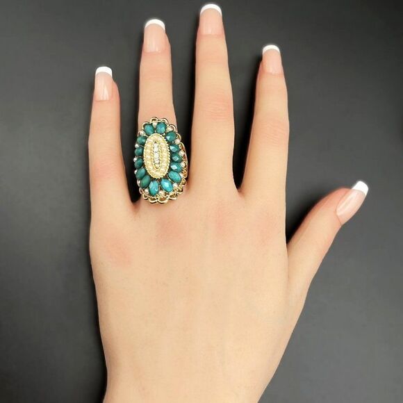 Yellow Gold with Diamond Crystal Pearl and Turquoise Gem Statement Ring Size 7 - Picture 7 of 8